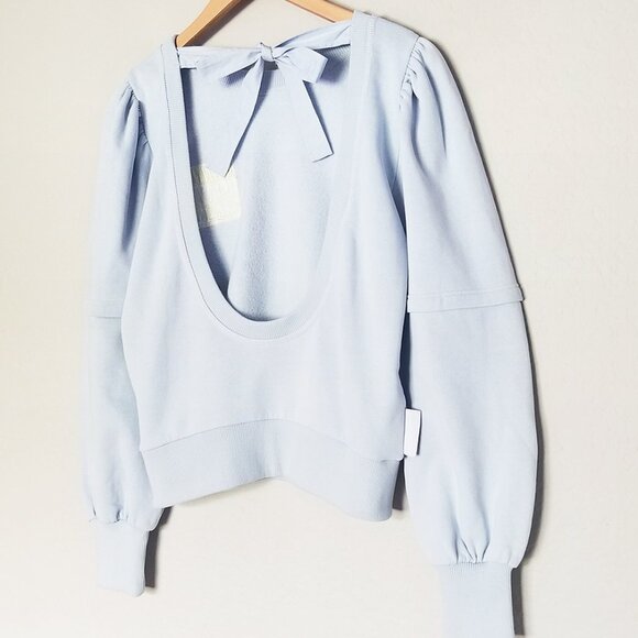 Ganni Isoli Bow Open Back Puff Sleeve Organic Cotton Sweatshirt XS Blue $215 - Picture 15 of 16